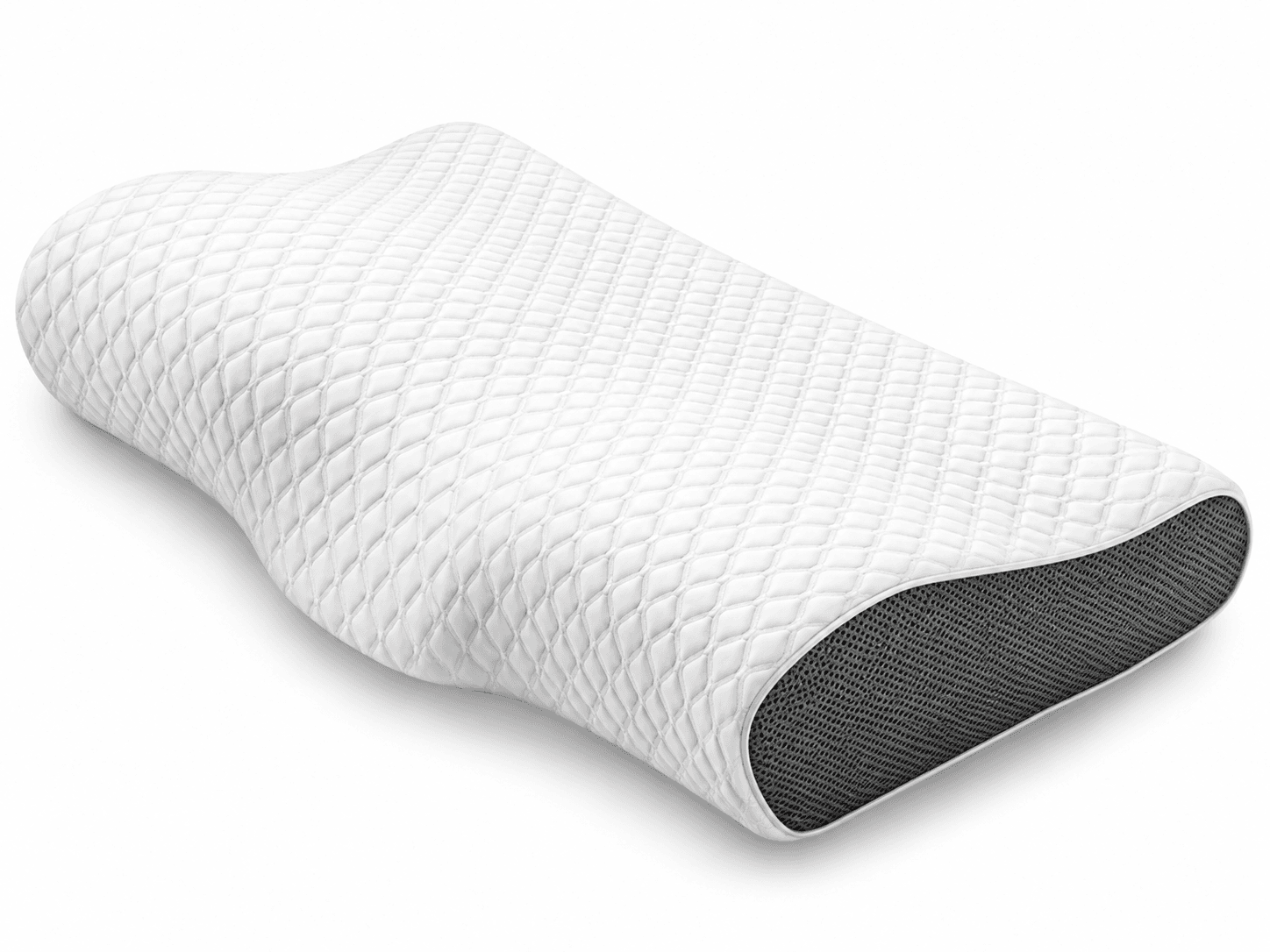Contoured ergonomic pillow with a quilted white cover