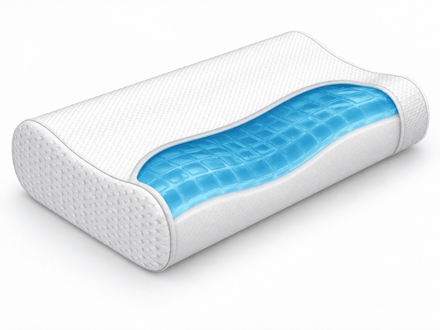 Contoured neck pillow with a visible blue gel layer and white cover